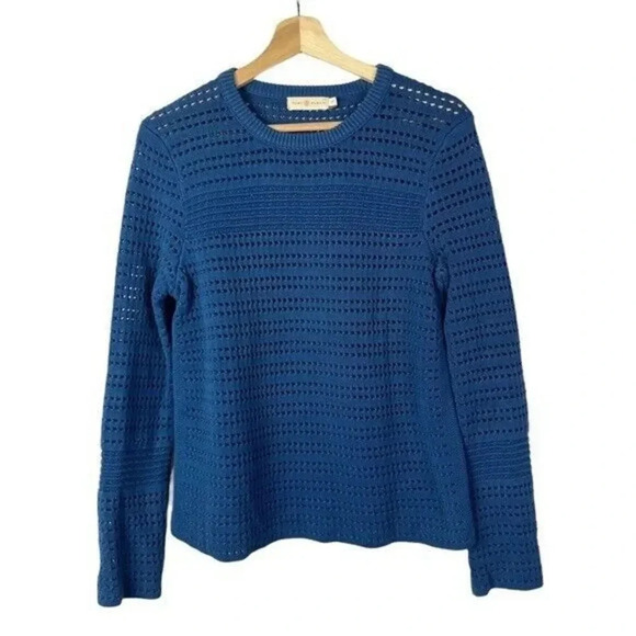 Tory Burch Baltic Sea Blue Open Knit Crewneck Pullover Sweater S - Picture 1 of 5